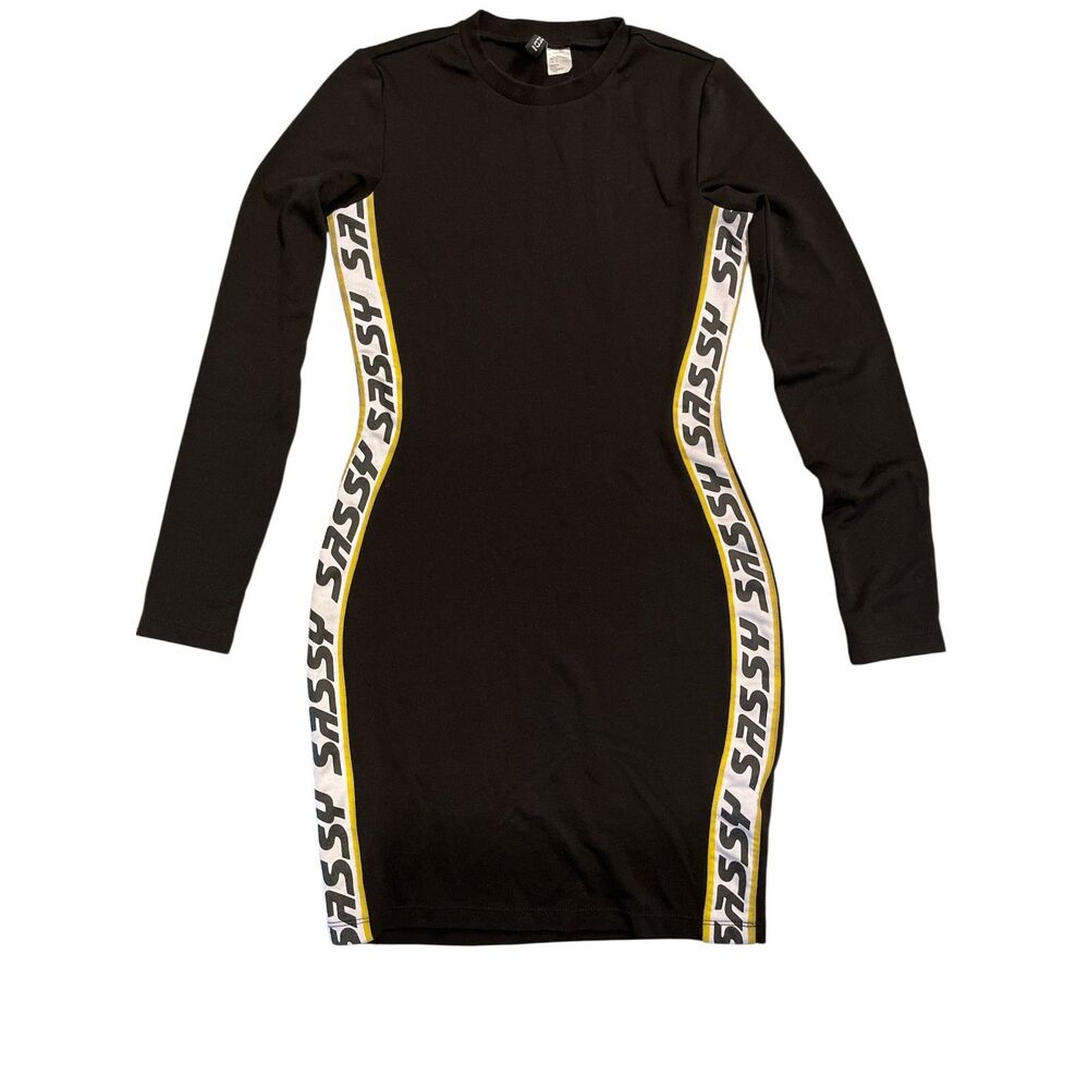 H&M Divided Black Bodycon Size 4 Long Sleeve Sporty Logo Side Stripe Mini Dress